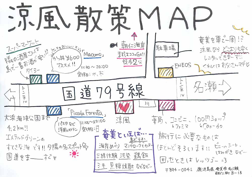 奄美大島ゲストハウス涼風ご近所さん散策マップ